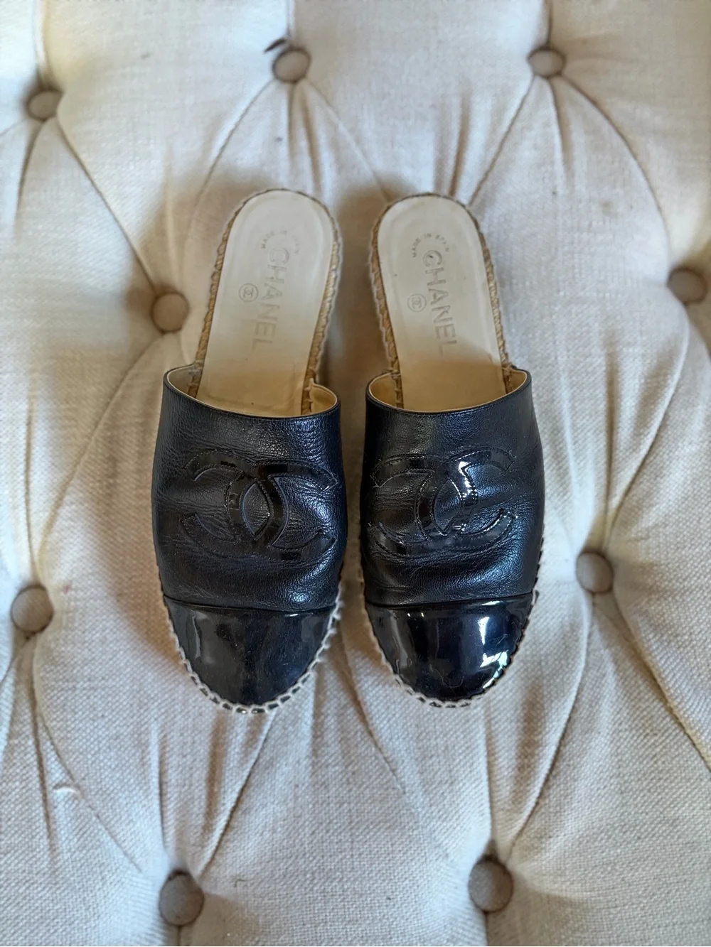 Chanel Shoe Espadrille CC Mules Black Leather 38
